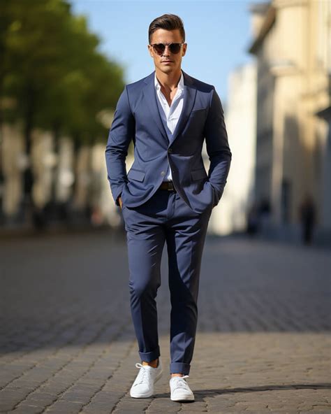 navy suit with white shoes.